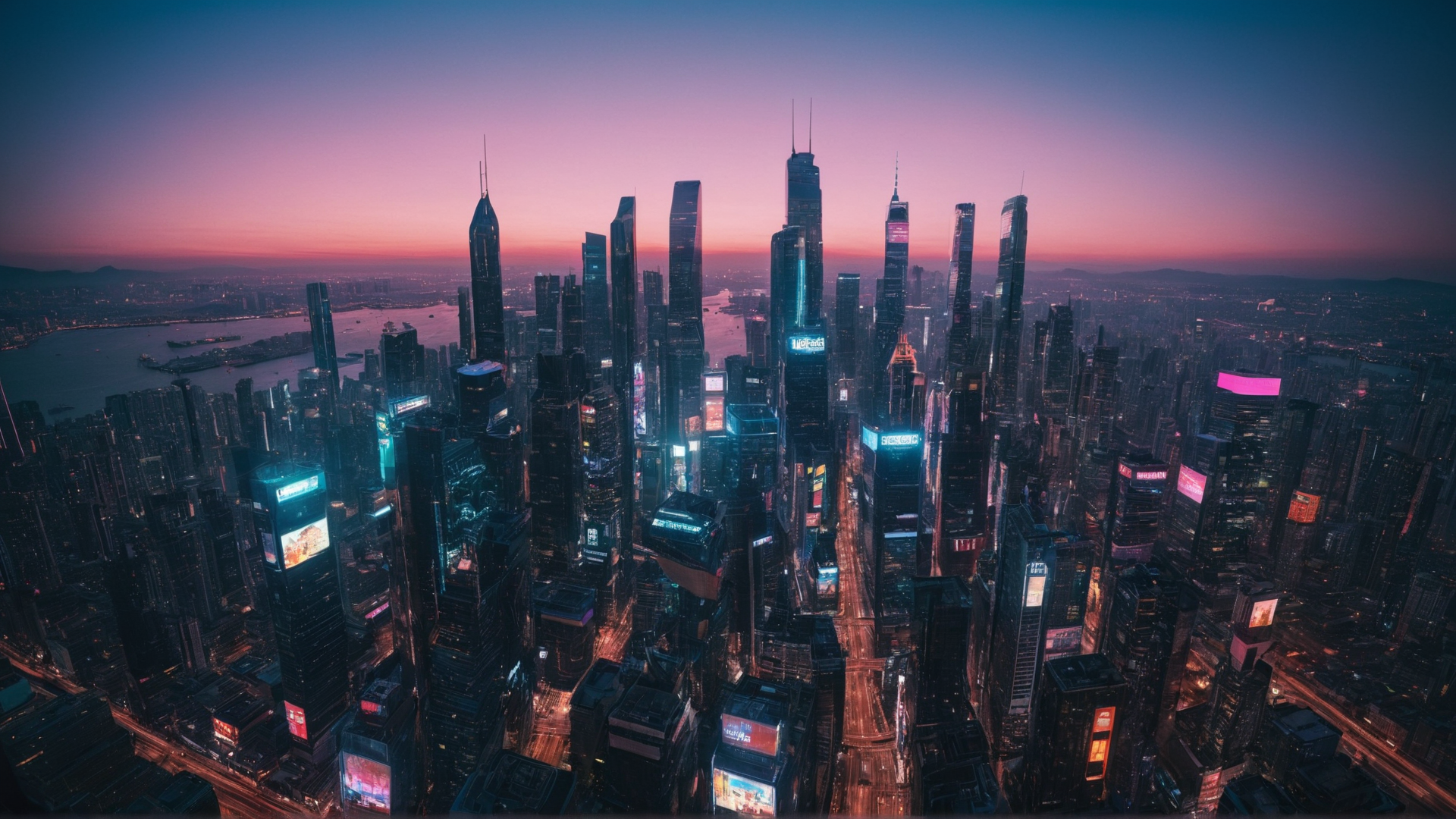 A Samsung TV frame reimagined as a futuristic cityscape, with skyscrapers and ne