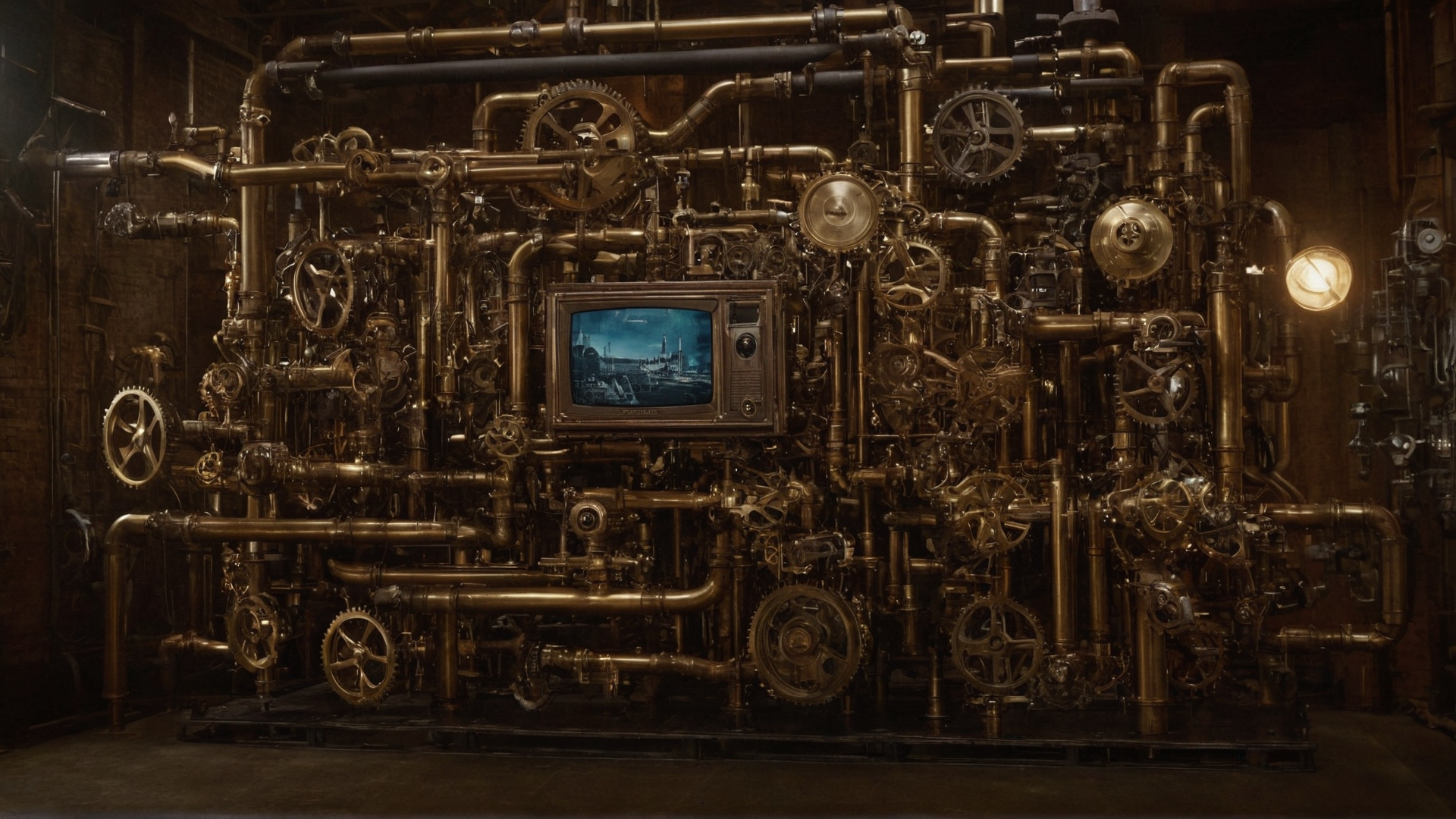 A Samsung TV frame metamorphosed into a steampunk-inspired factory, with gears,