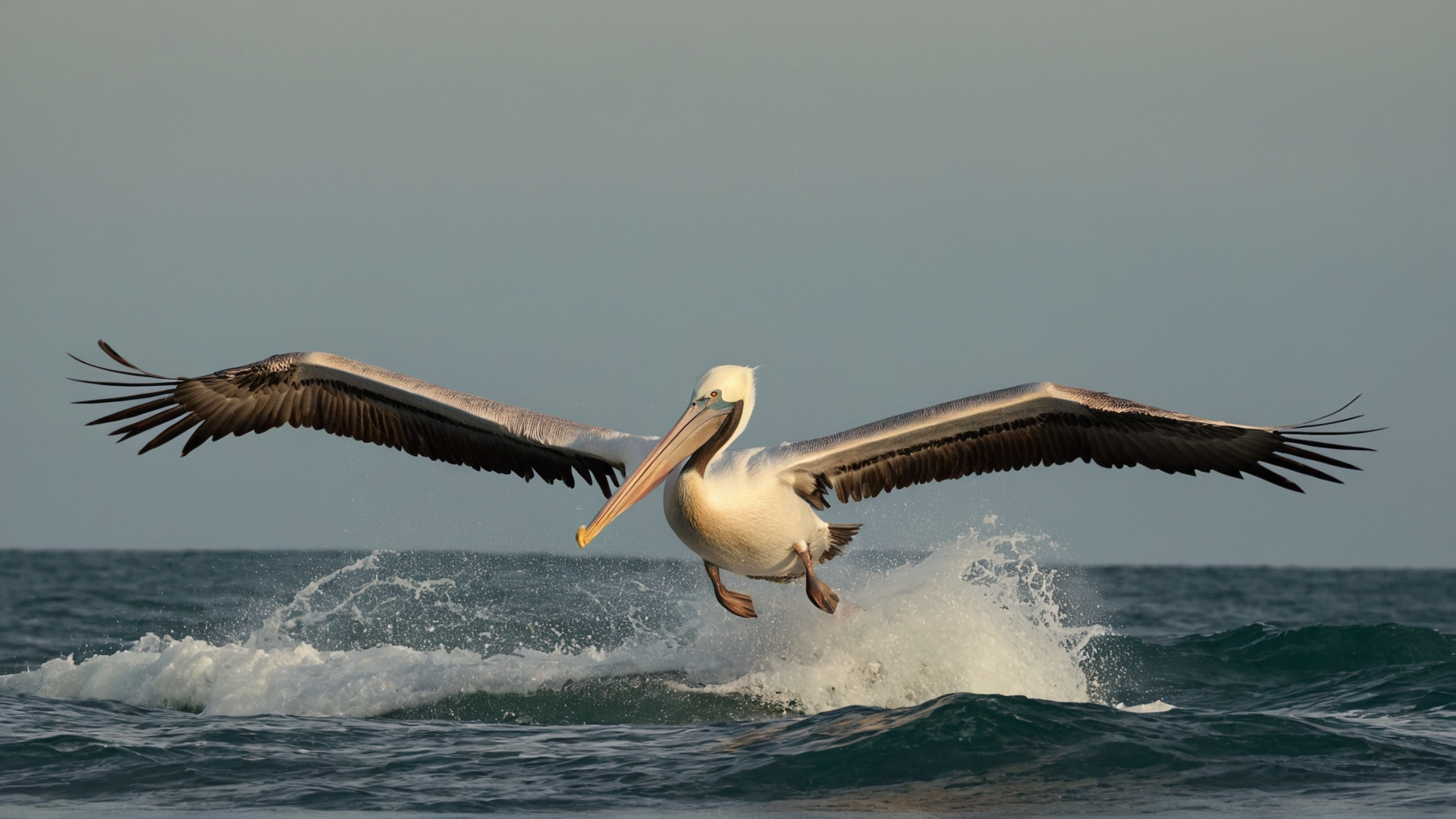 A lone pelican gracefully gliding just above the surface of a turbulent ocean, i