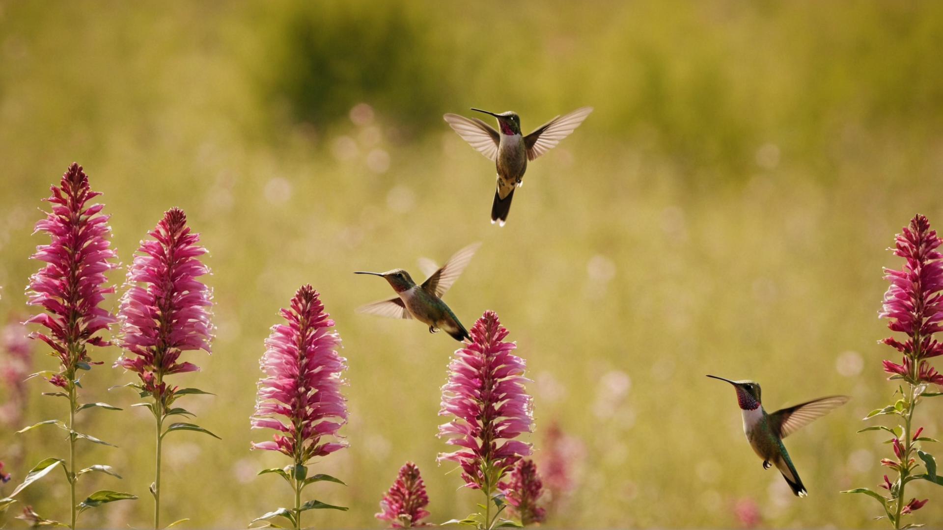A surreal scene of hummingbirds darting through a field of blooming flowers, the