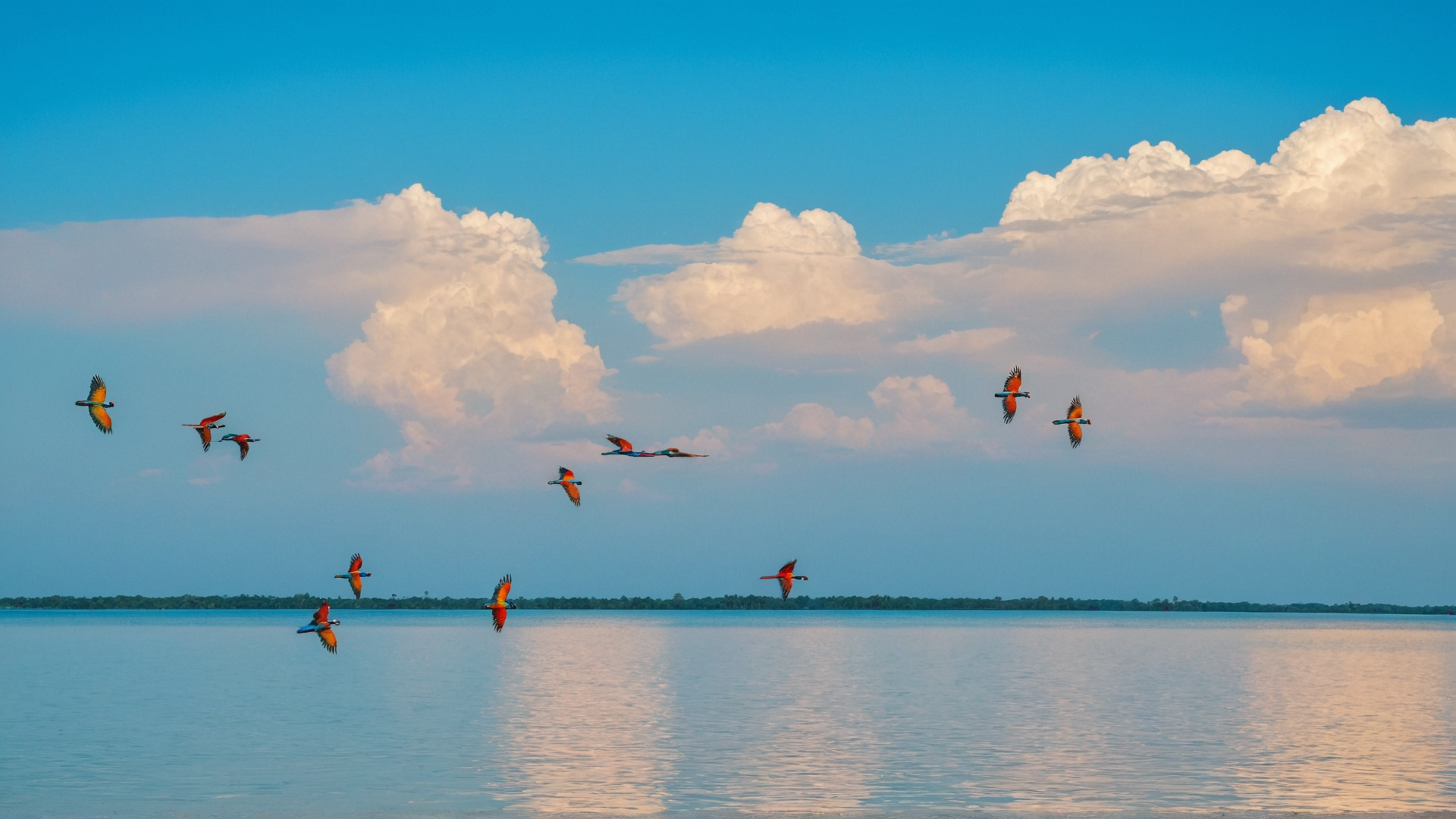 A flock of colorful macaws flying in perfect formation over a crystal-clear lake