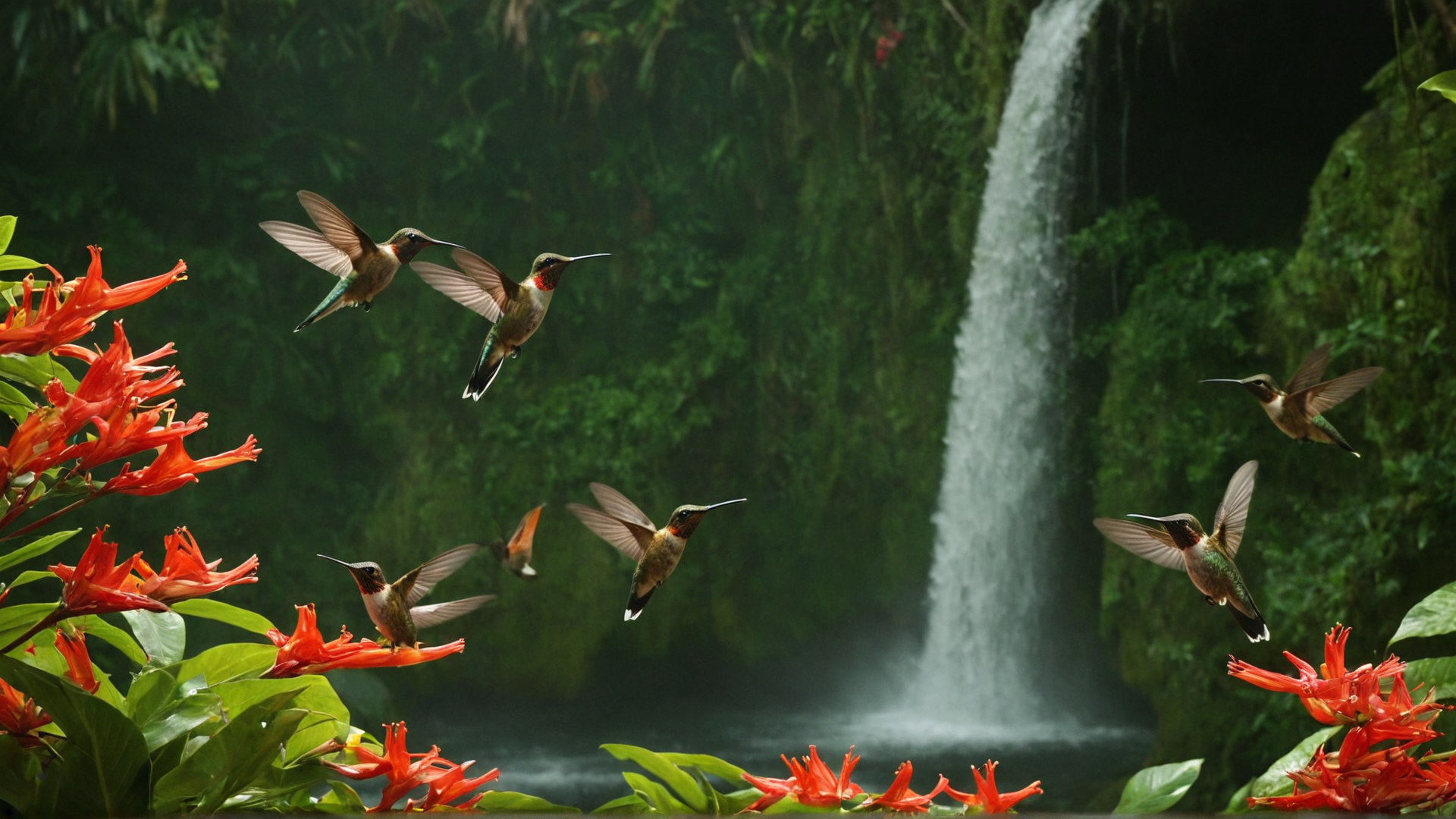 A family of colorful hummingbirds feeding on nectar from a cascading waterfall s