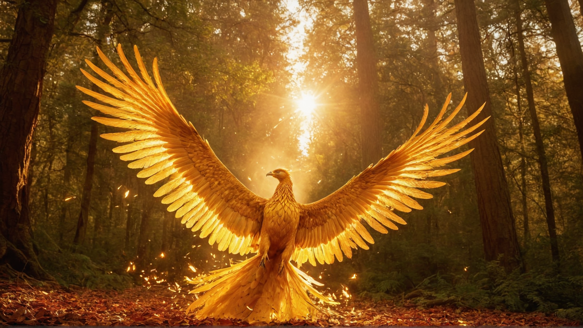 A majestic golden phoenix soaring high above a mystical forest with vibrant feat