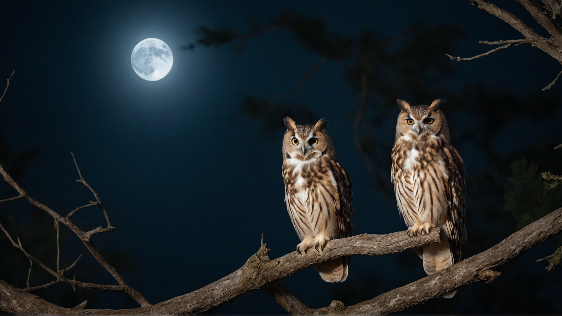 An enchanting scene of a wise owl perched on an ancient tree branch under the li
