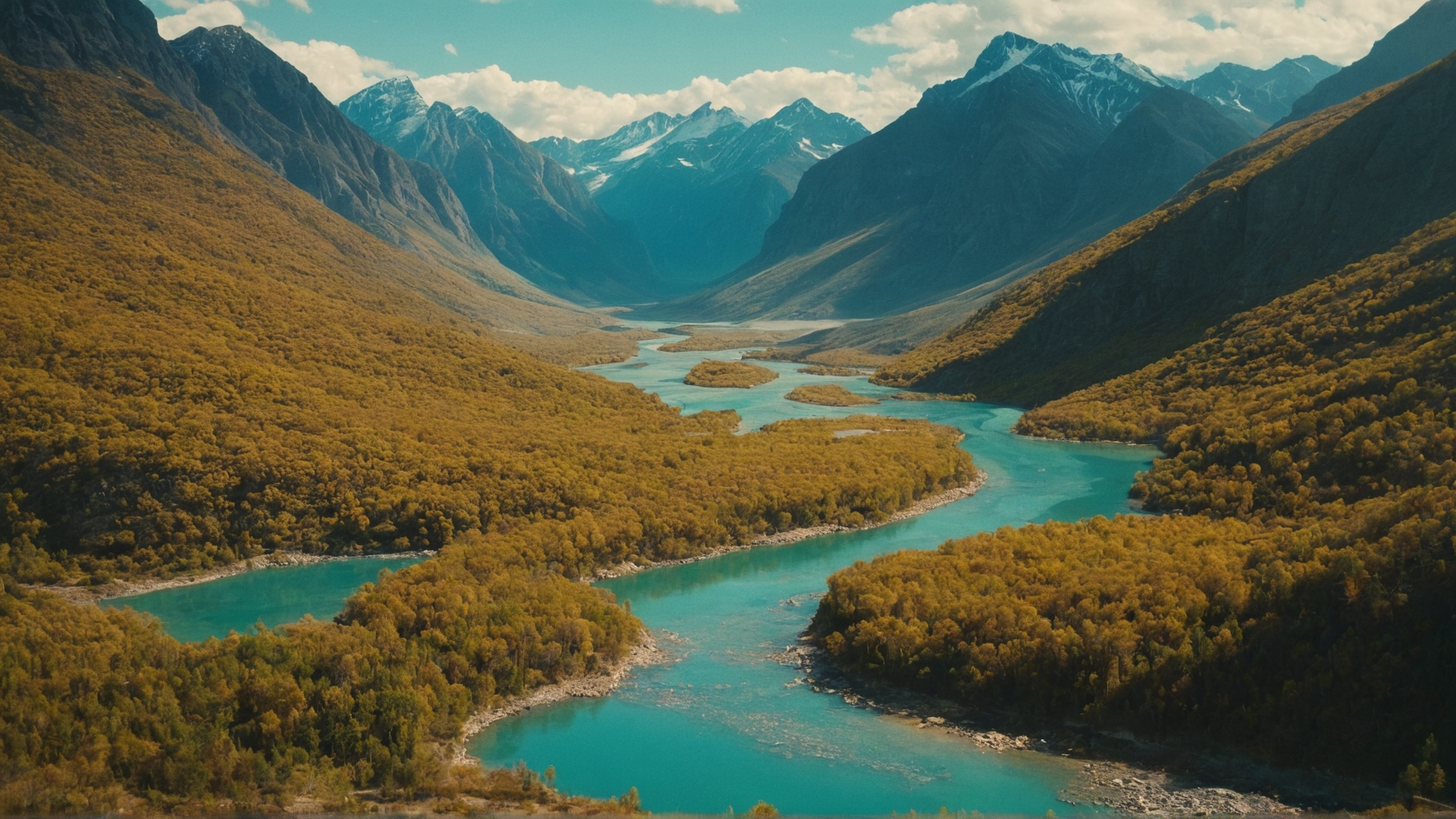 A chaotic explosion of digital glitch effects distorting a serene landscape of m