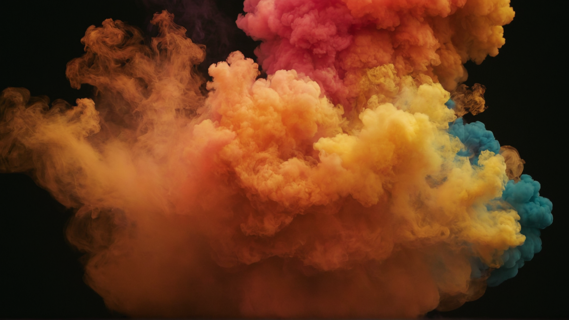 Scene: A dynamic explosion of multi-colored smoke billowing and swirling, creati