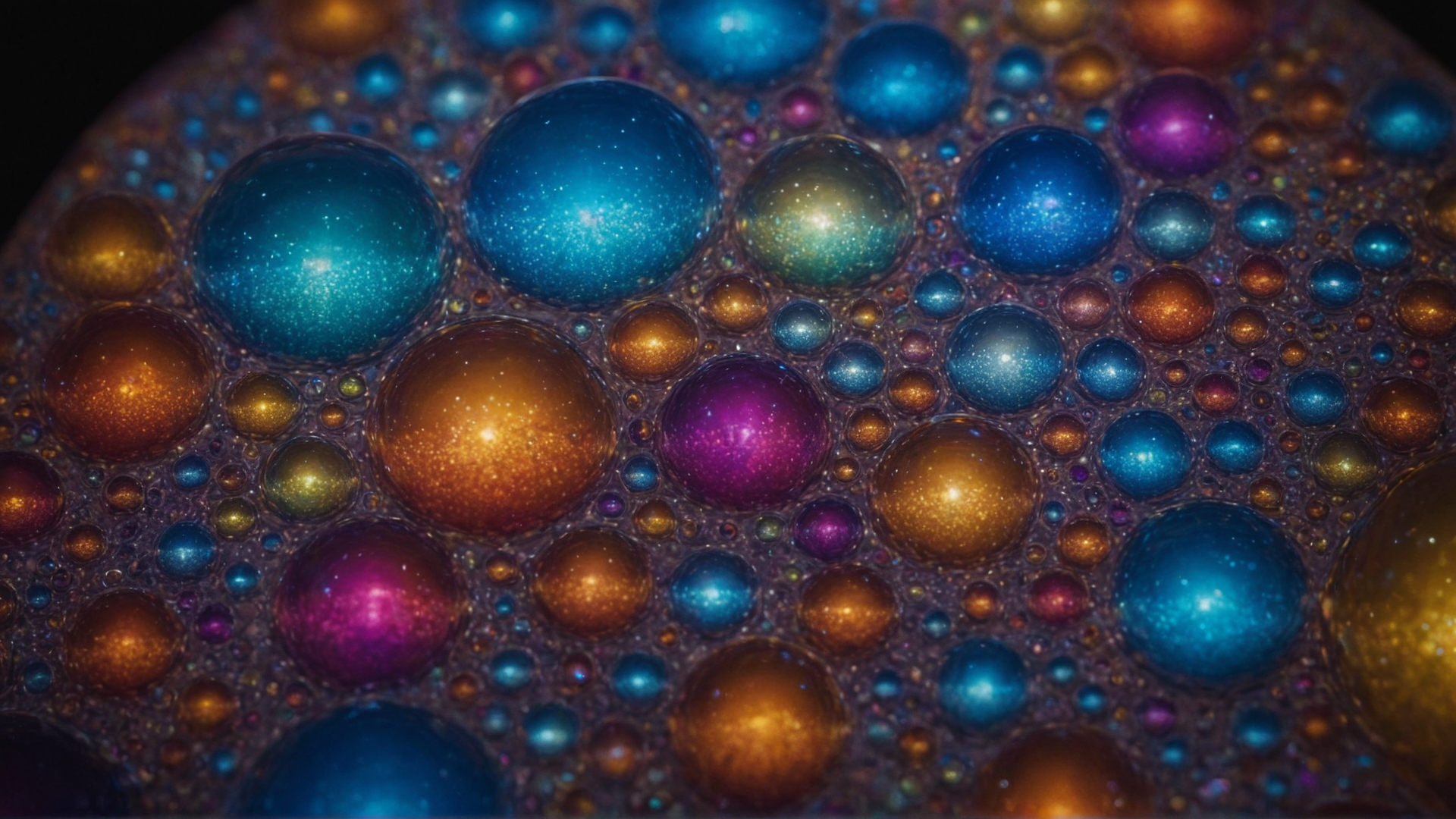 Scene: Iridescent bubbles floating in a sea of liquid crystal, refracting and di