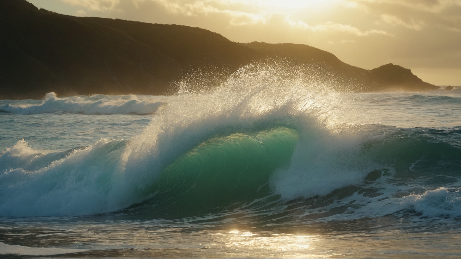Scene: Luminous waves crashing against a digital shoreline, creating a hypnotizi