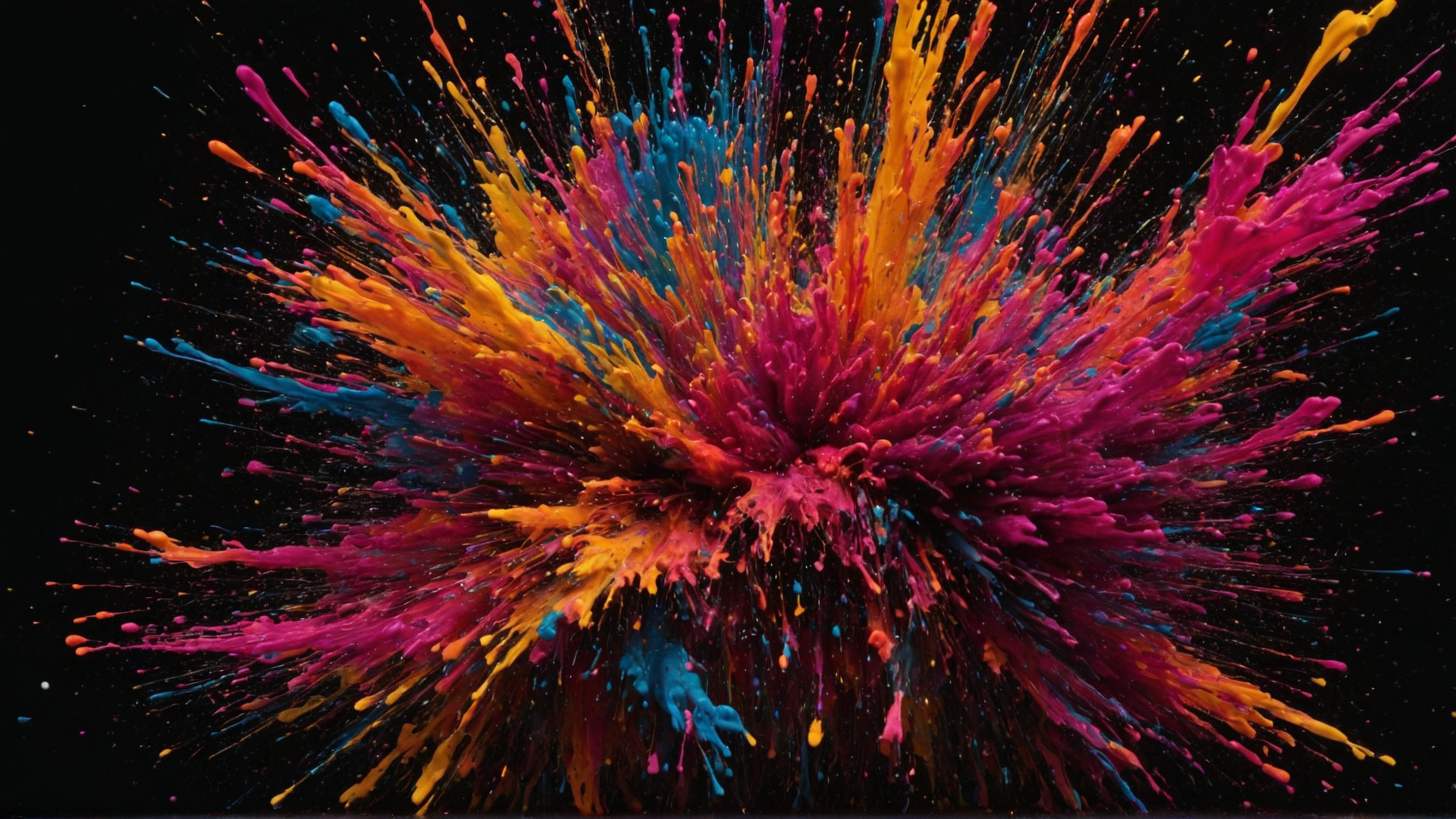 Scene: A vibrant explosion of neon-colored paint splattering against a black bac
