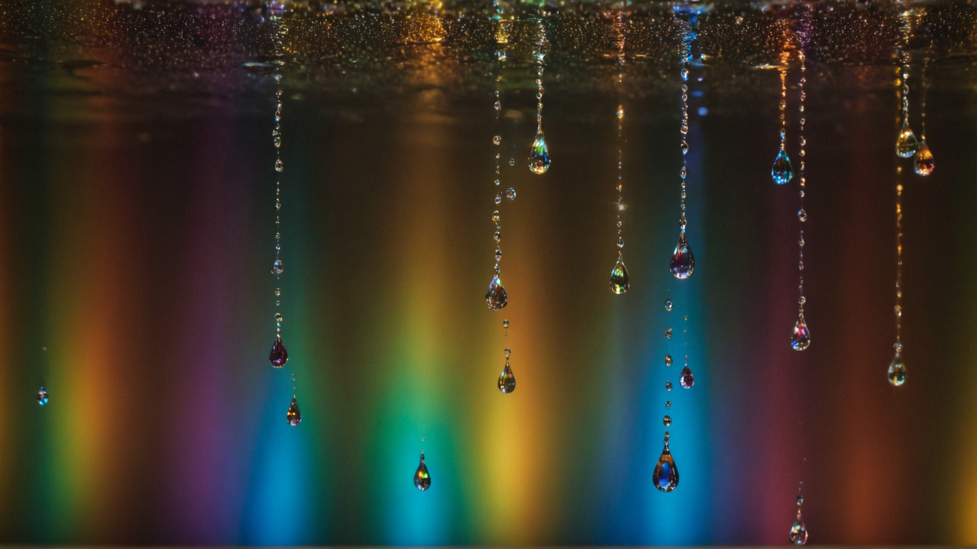 Scene: A cascade of shimmering water droplets in mid-air, frozen in time, reflec