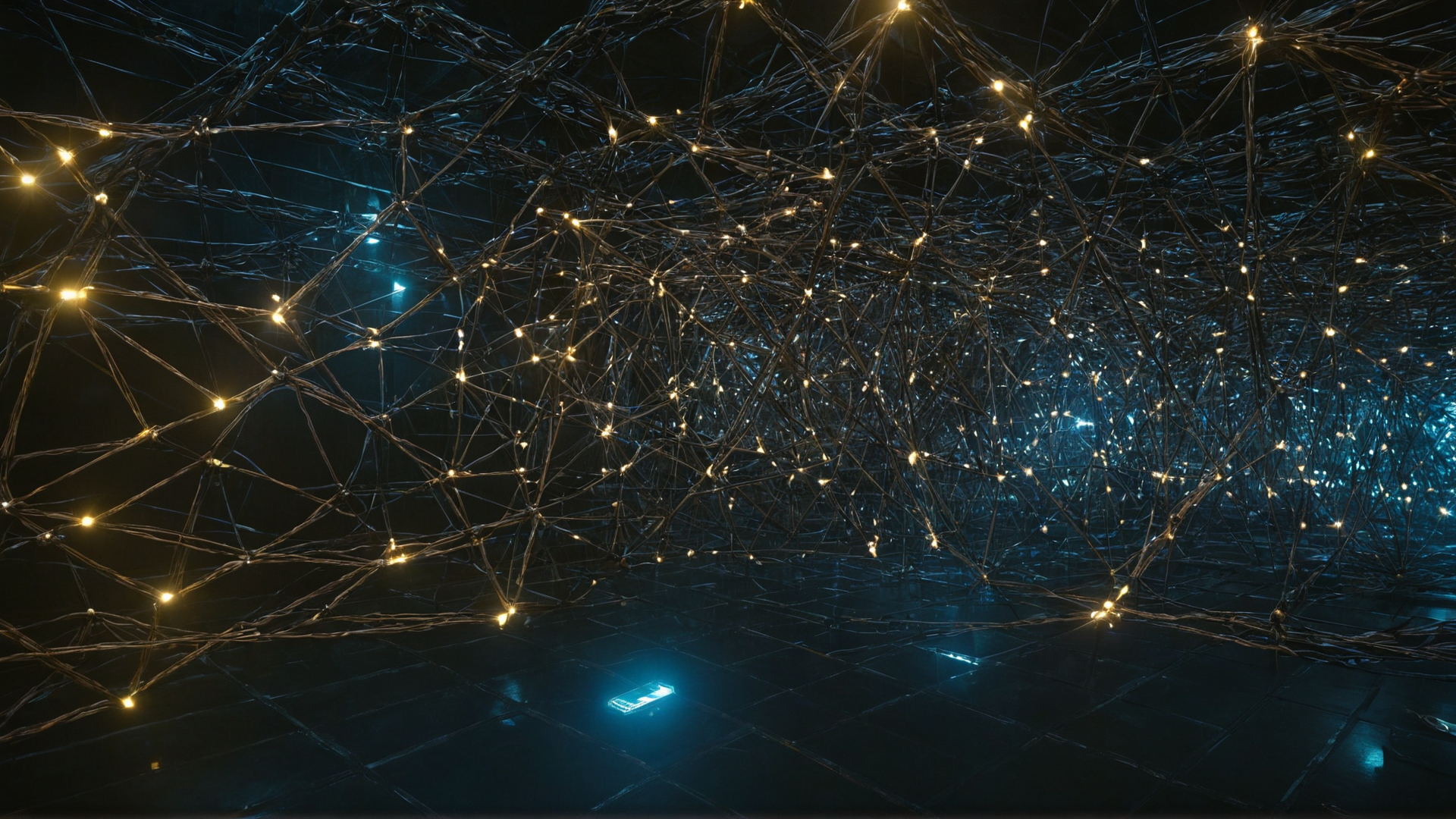 An intricate network of interconnected metallic wires and glowing nodes, forming