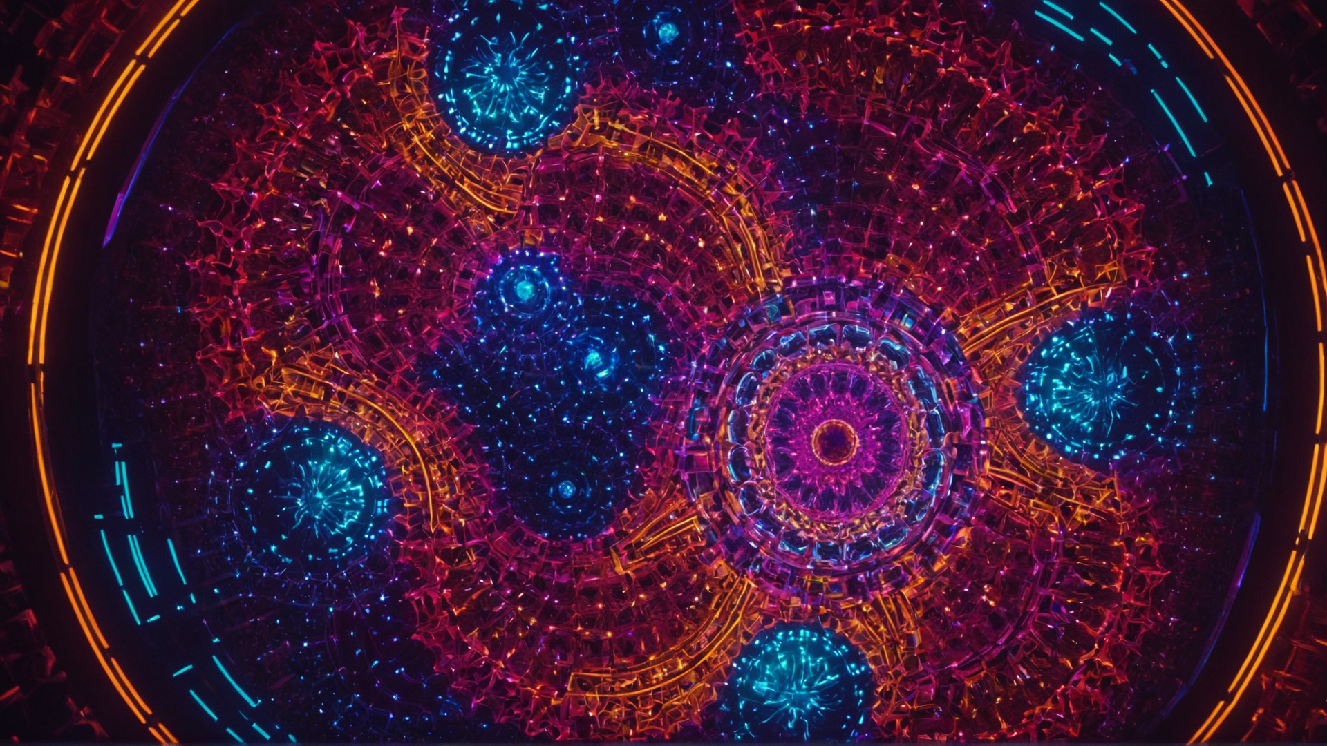 A vibrant and kaleidoscopic array of neon-colored geometrical shapes swirling an