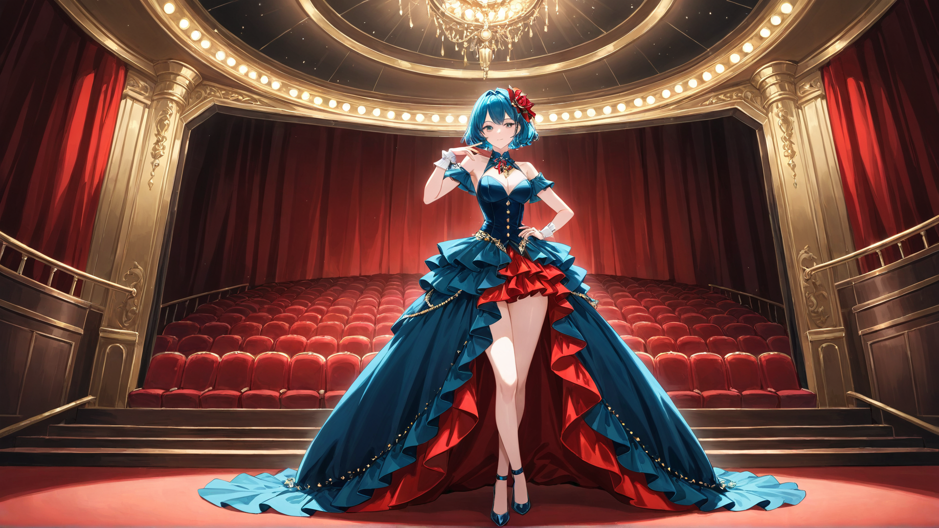 Scene: Inside a vintage theatre, a female model in a theatrical, avant-garde gow