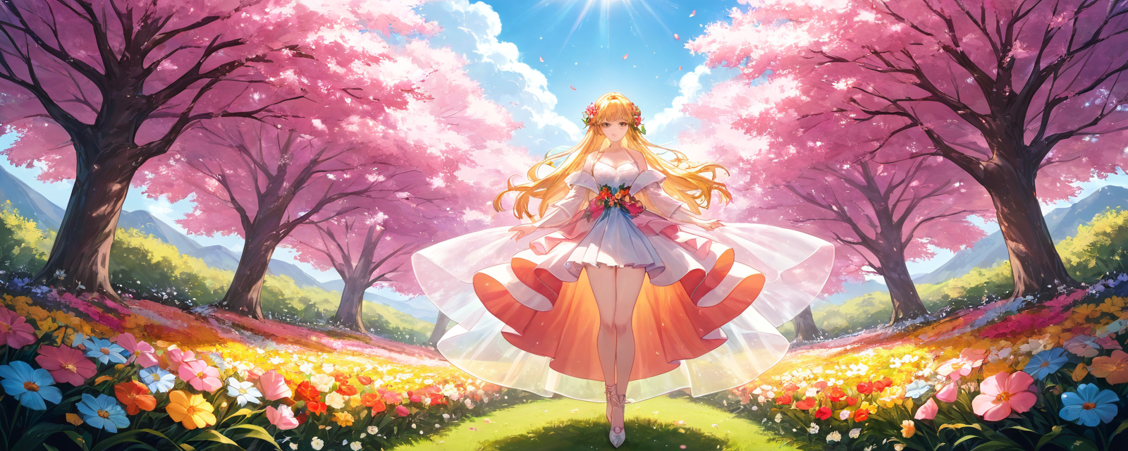 Scene: A blooming flower garden in full bloom, with a canopy of colorful petals 