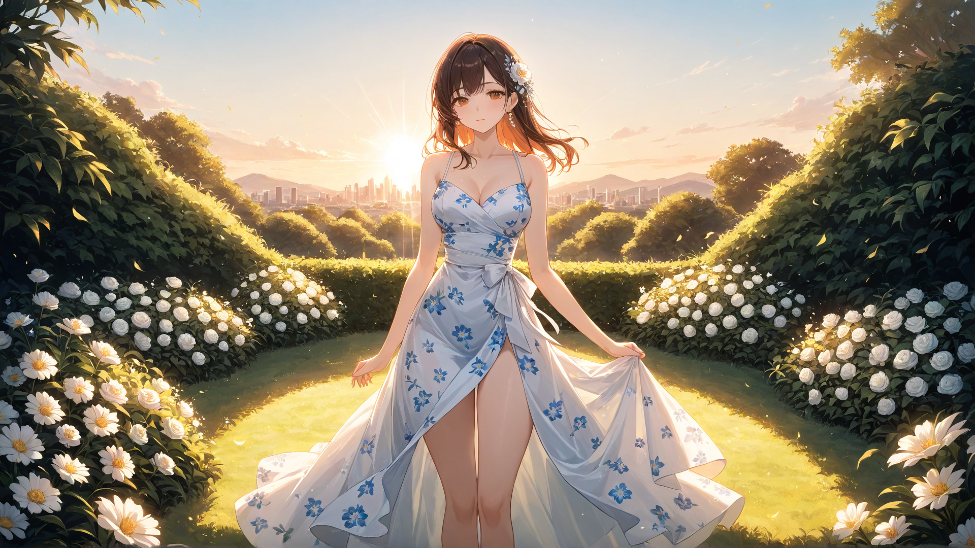 Scene: At a rooftop garden party, a female model in a chic, floral-printed cockt