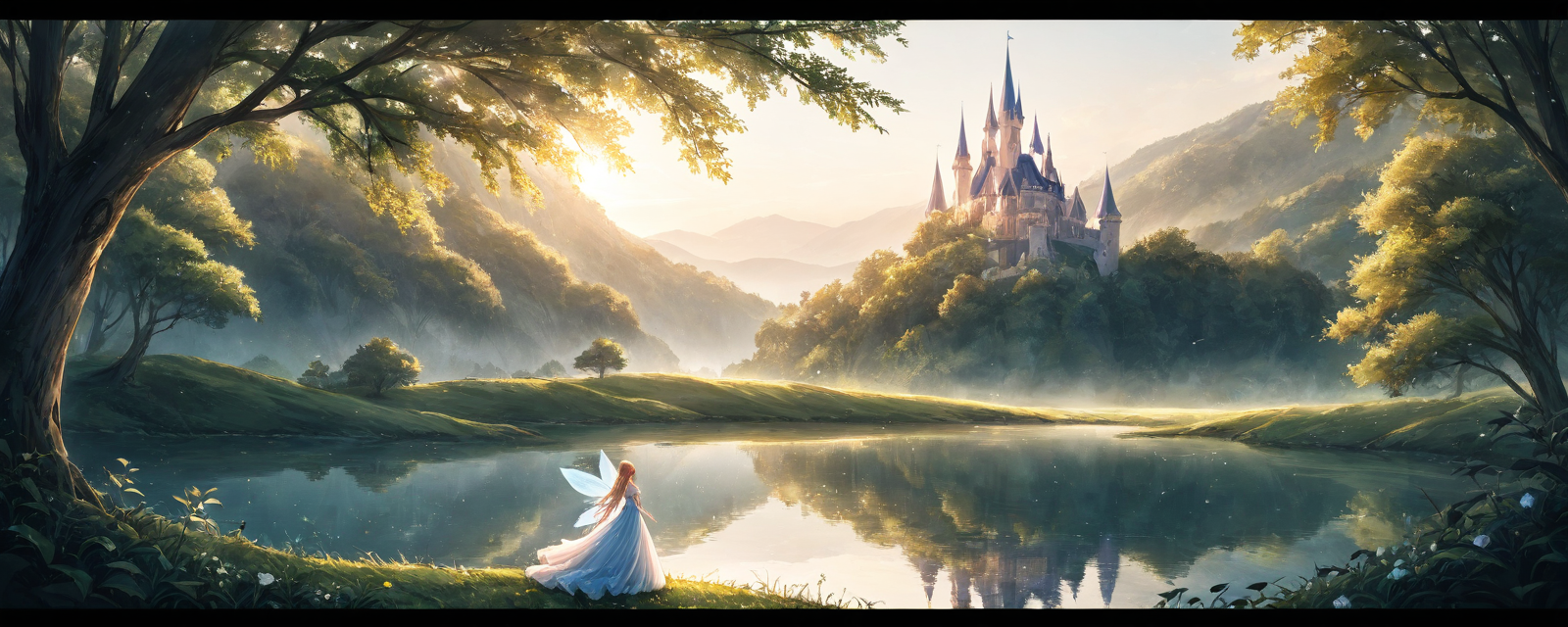 Scene: A fairy-tale castle overlooking a misty lake, surrounded by lush greenery