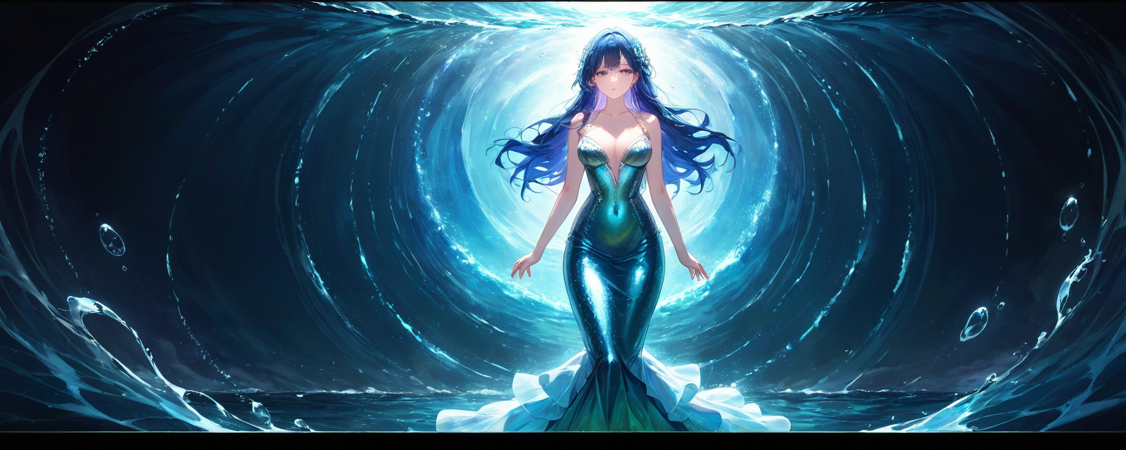 An alluring portrait of a woman in a metallic mermaid-style gown, standing in a 