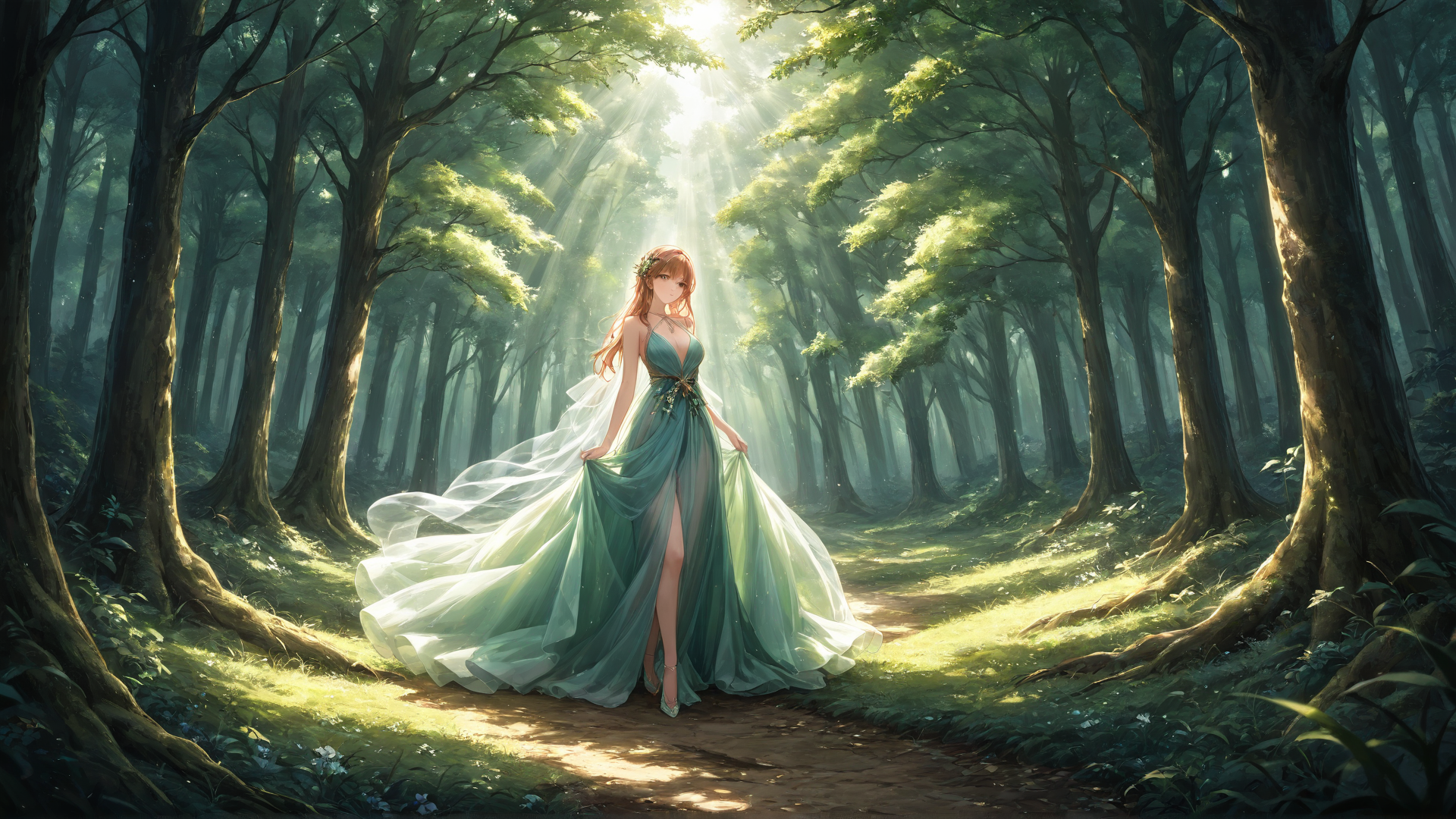 Scene: Within a misty forest clearing, a female model draped in a flowing, ether