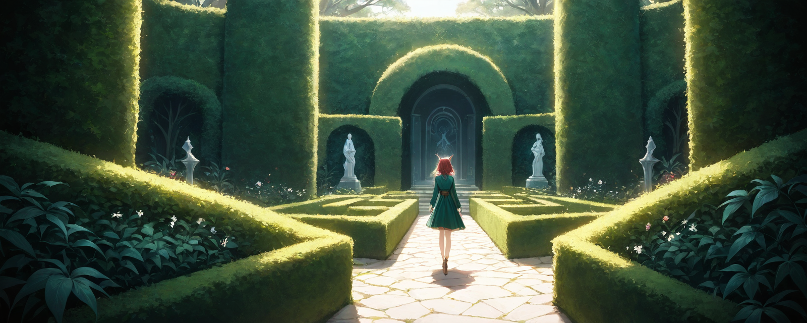 Scene: A hidden garden maze with twisting hedges and enchanting sculptures. Styl