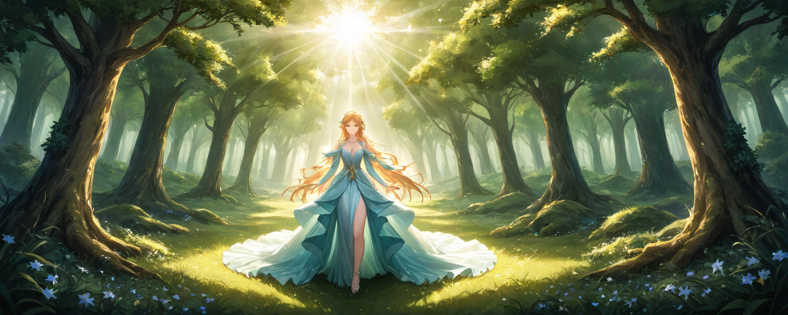 Scene: A mystical forest at dawn, with rays of sunlight filtering through the tr