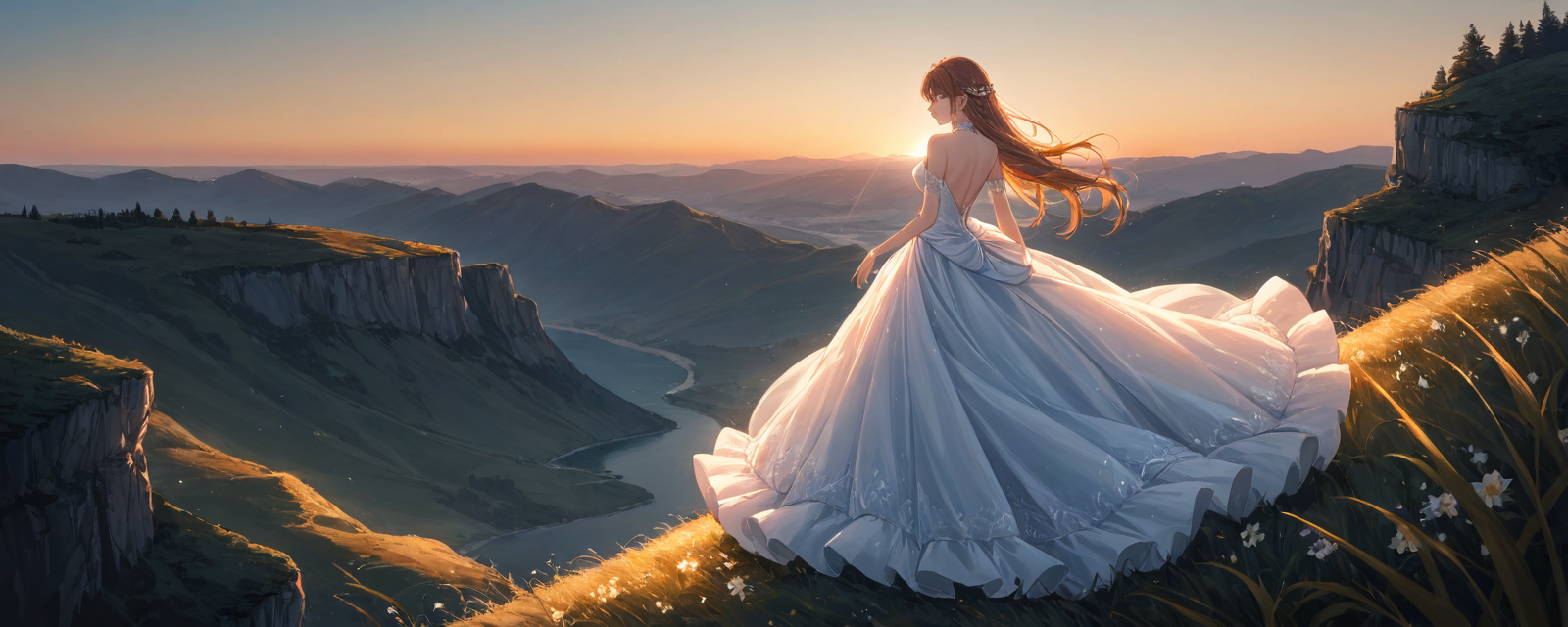 A beautiful woman dressed in a flowing ball gown, standing on a cliff overlookin