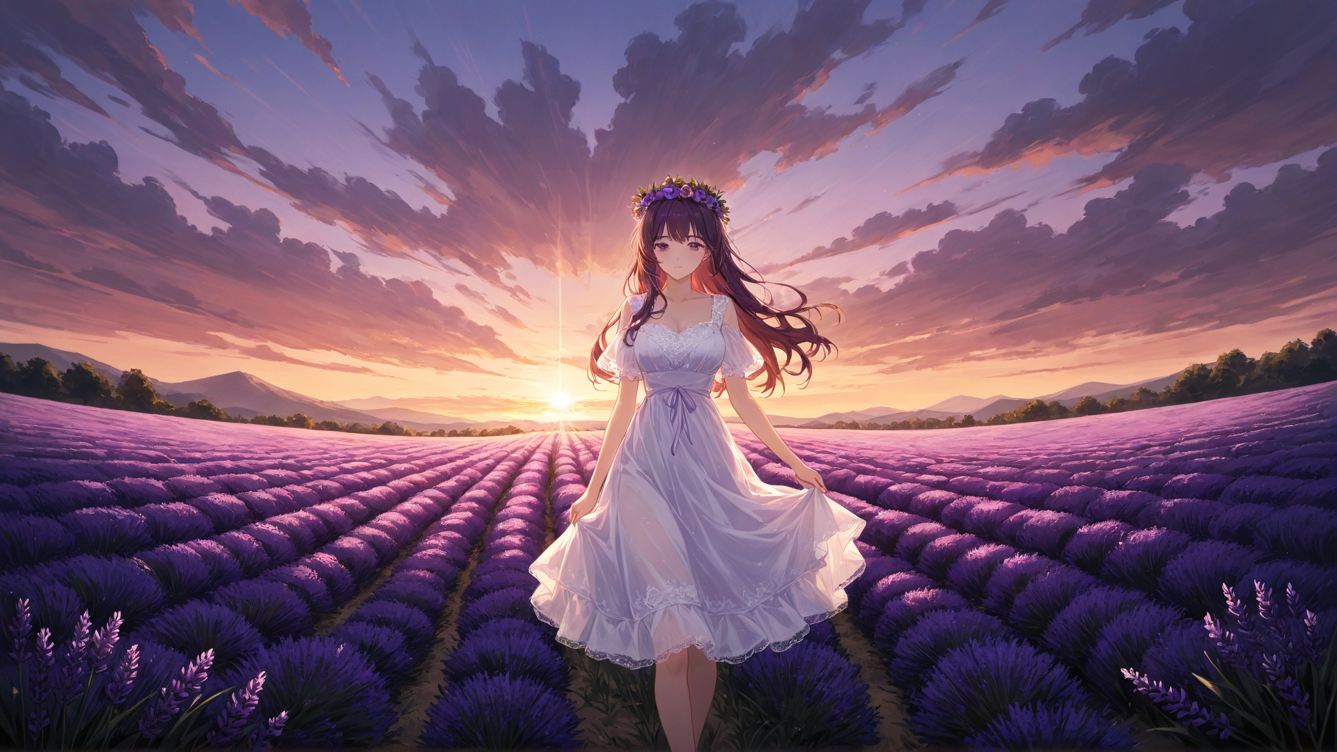 Scene: Amidst a field of lavender flowers at sunset, a female model in a romanti