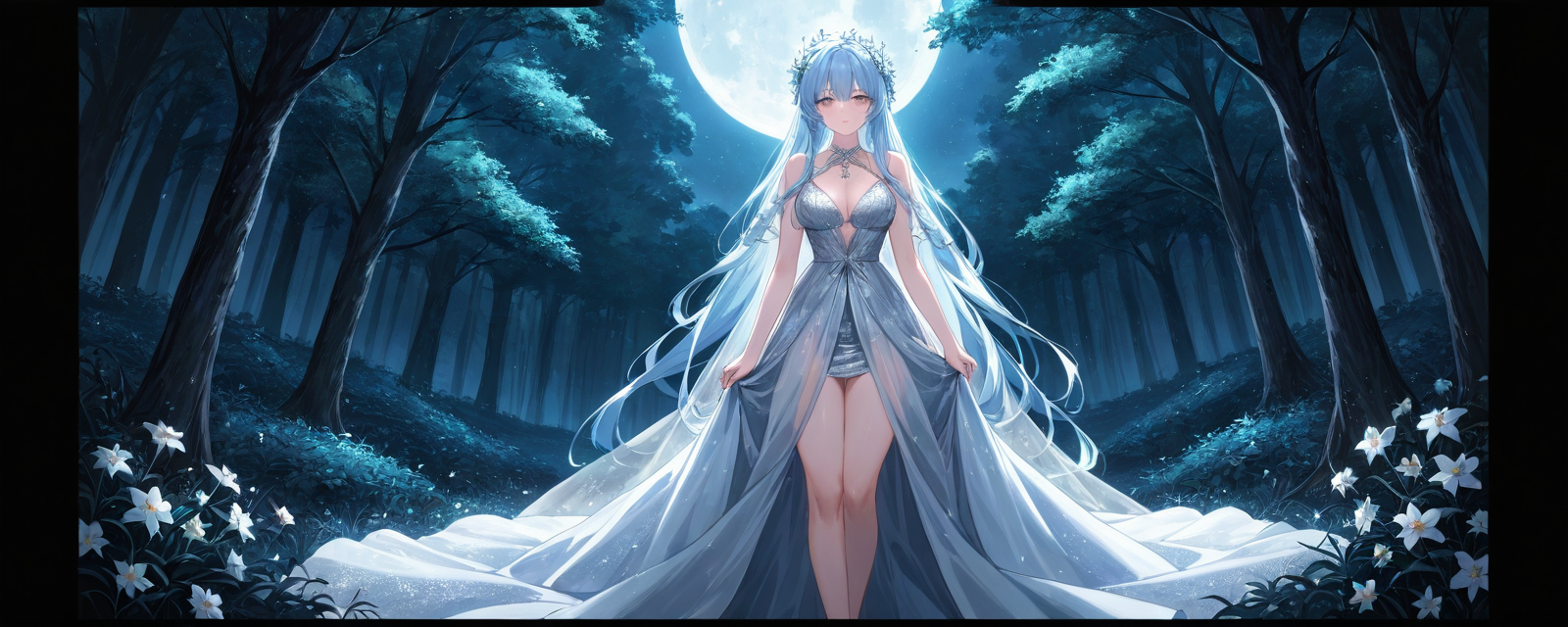 An enchanting forest setting with a captivating woman wearing a sheer, silver go