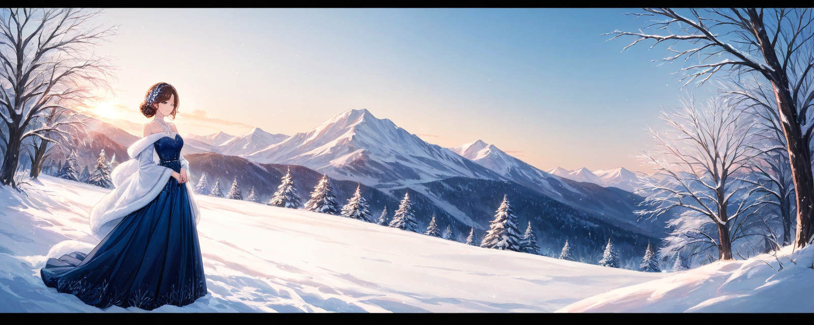 Scene: A snow-covered mountaintop with a clear blue sky and breathtaking views.