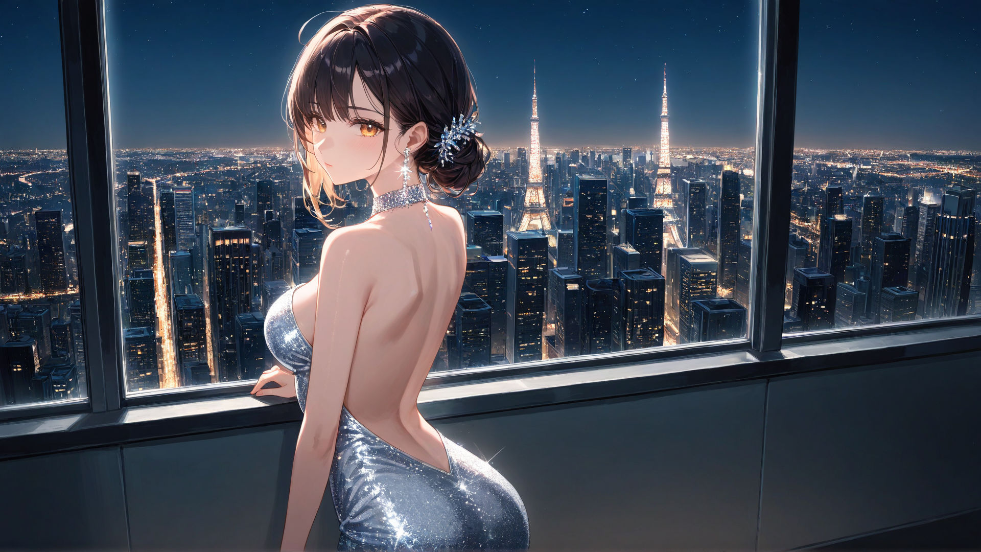 Scene: On a rooftop overlooking a city skyline at night, a female model in a bod