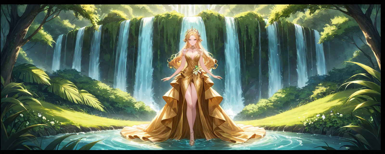 A glamorous diva in a glamorous golden gown, surrounded by a backdrop of roaring