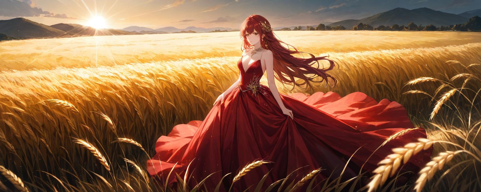Amidst a field of golden wheat, a female model with cascading, tousled hair wear