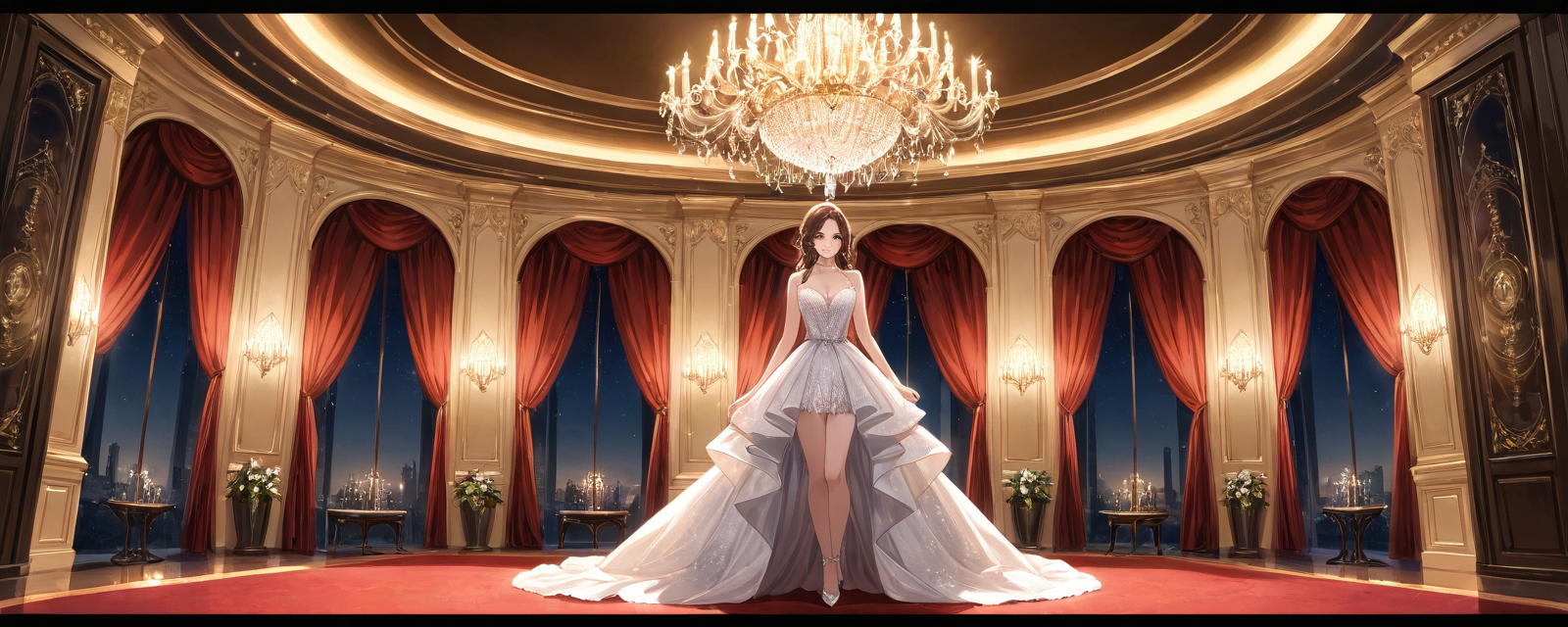 Scene: A luxurious ballroom with crystal chandeliers and ornate mirrors. Style: 