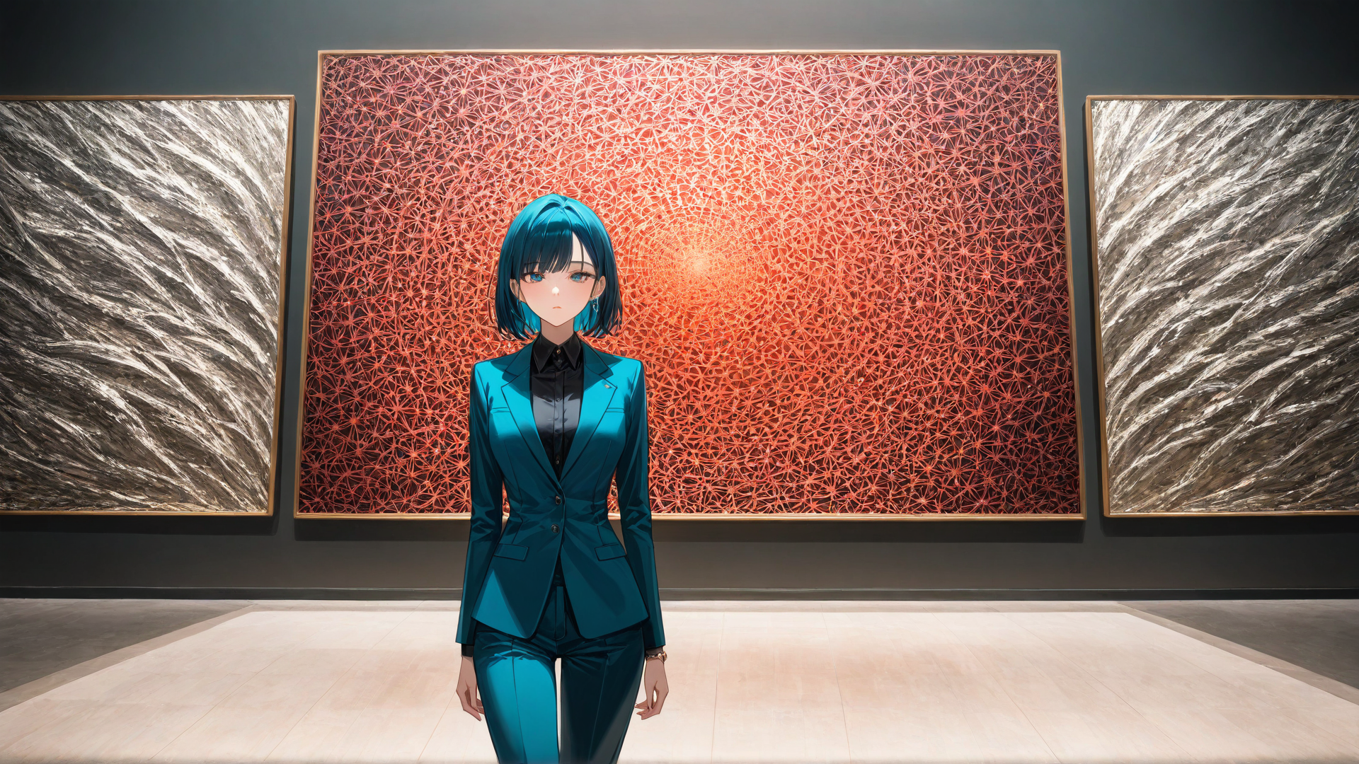 Scene: In a modern art gallery, a female model in a structured, high-fashion pan