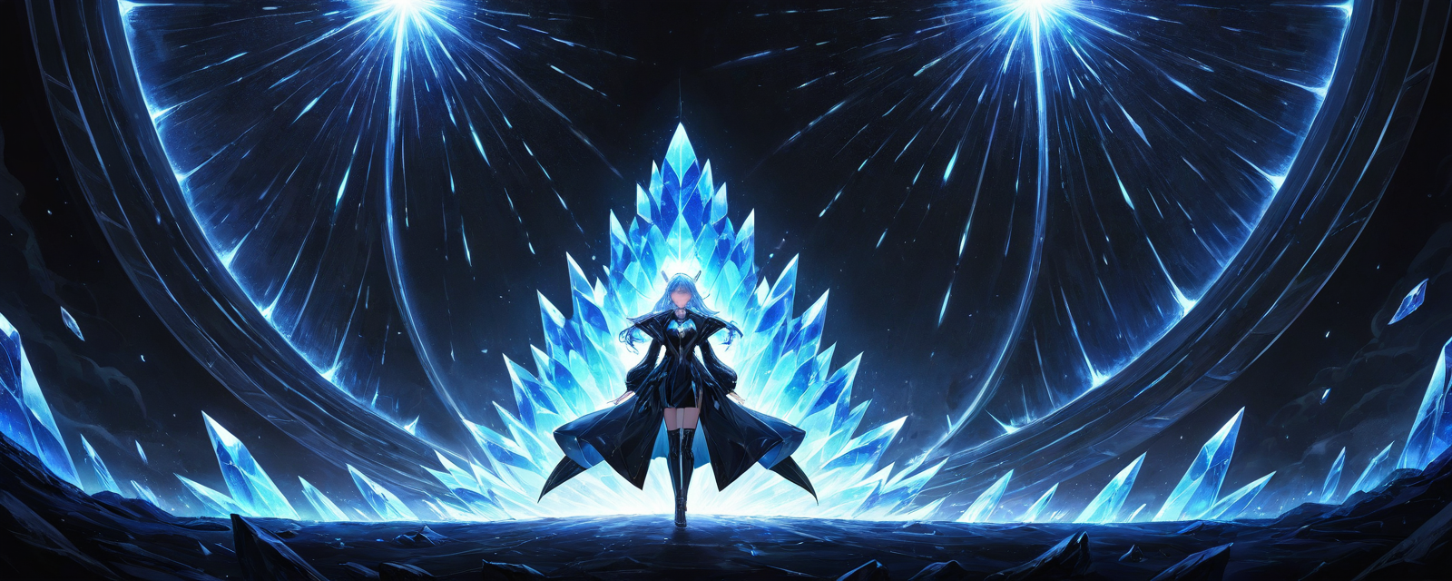 In a surreal, otherworldly landscape of iridescent crystals and prismatic lights