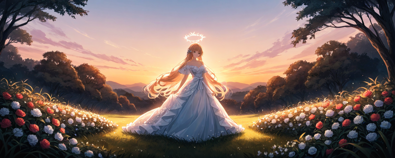 A scene set in a lavish botanical garden at sunset, with the model adorned in a 