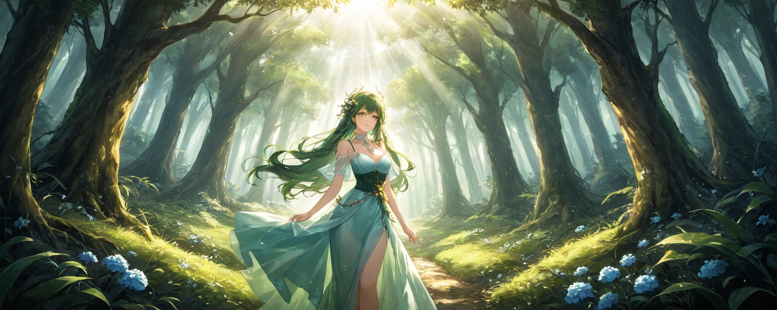 Scene: A misty forest with sunlight filtering through the trees, creating a magi