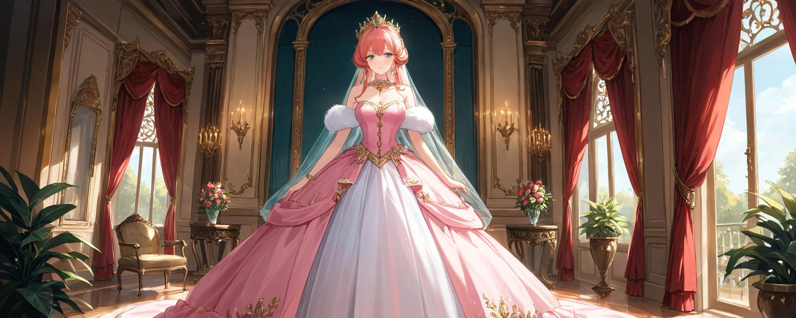 Within the grandeur of a historic palace, a woman dressed in a voluminous, paste