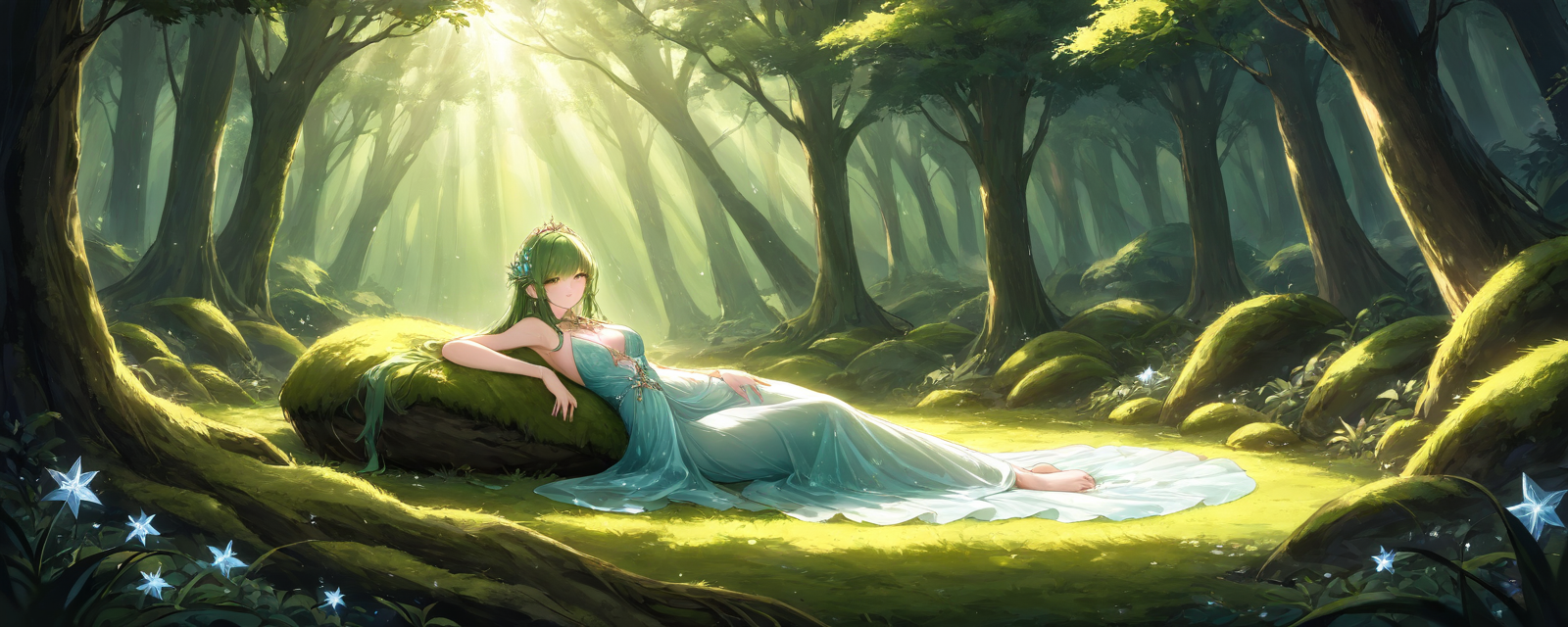 Immersed in a mystical forest setting with ethereal lighting, a female model exu