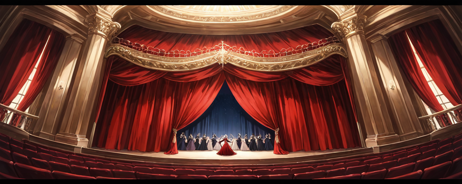 Scene: A grand opera house with velvet curtains and ornate balconies. Style: Dra