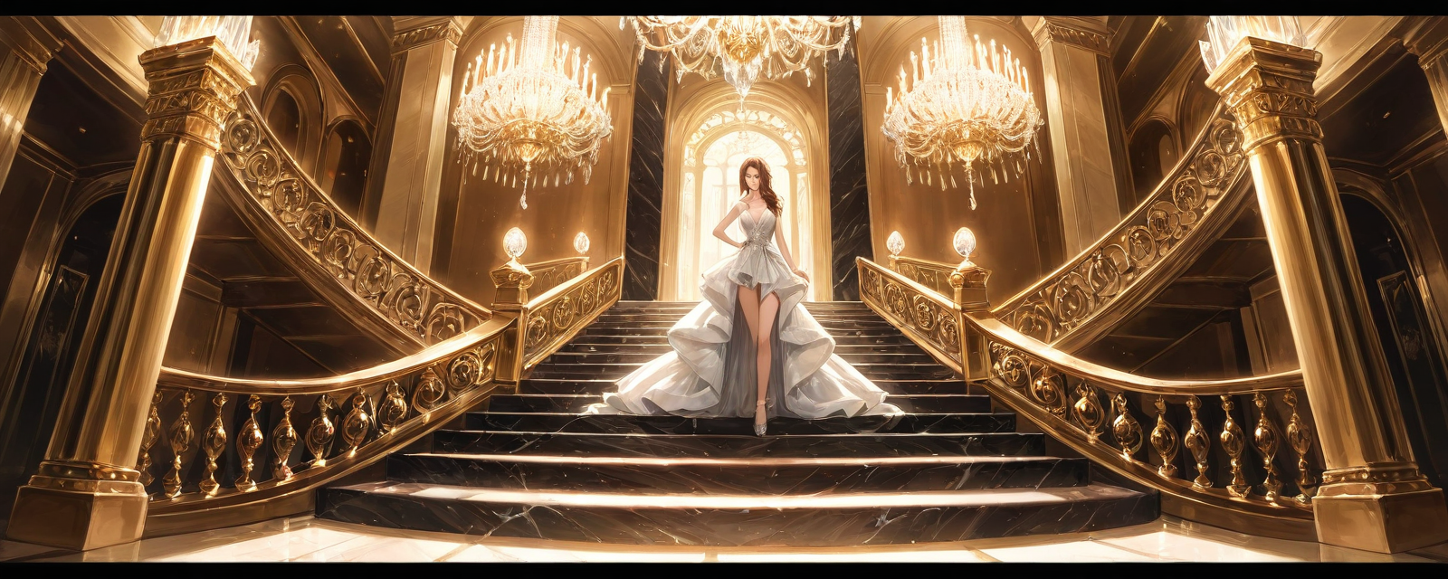 Scene: A luxurious marble staircase in a grand palace with cascading crystal cha