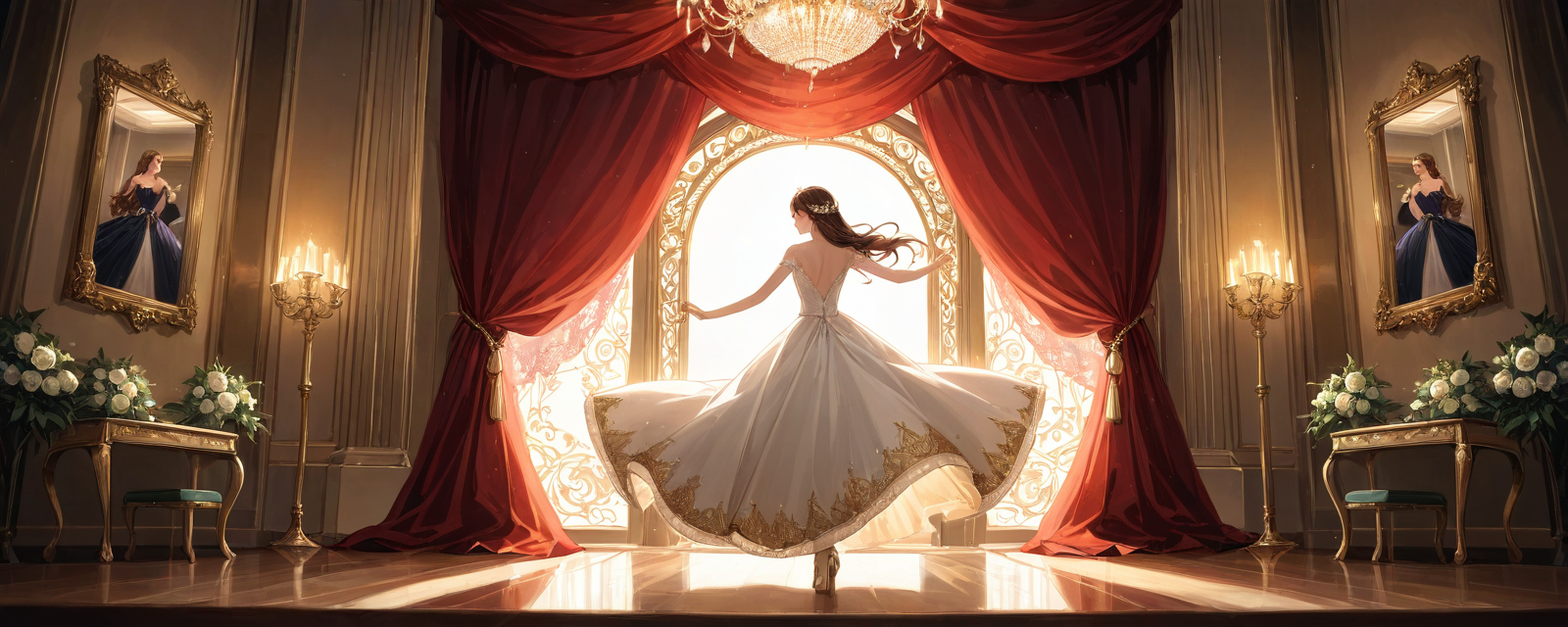 Scene: An ornate ballroom adorned with gilded mirrors and delicate lace curtains