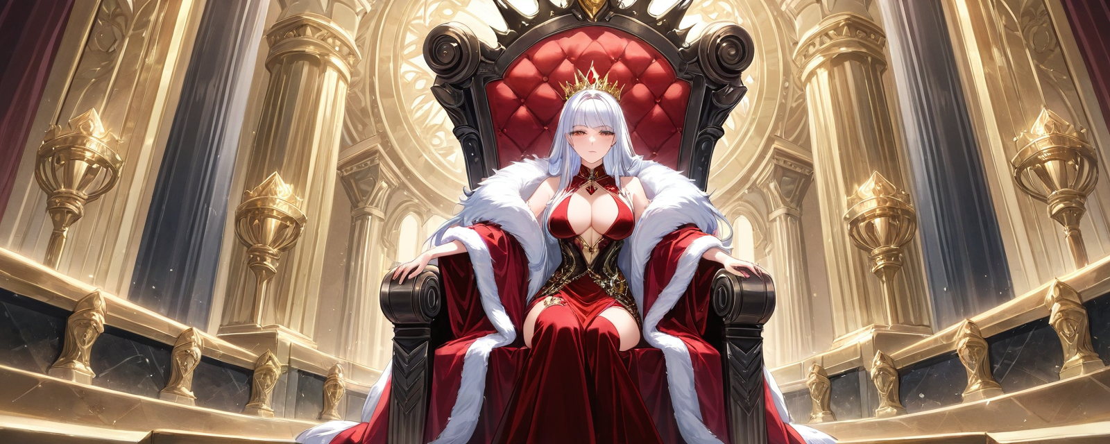 Witness a fierce and empowered queen commanding attention in a grand throne room