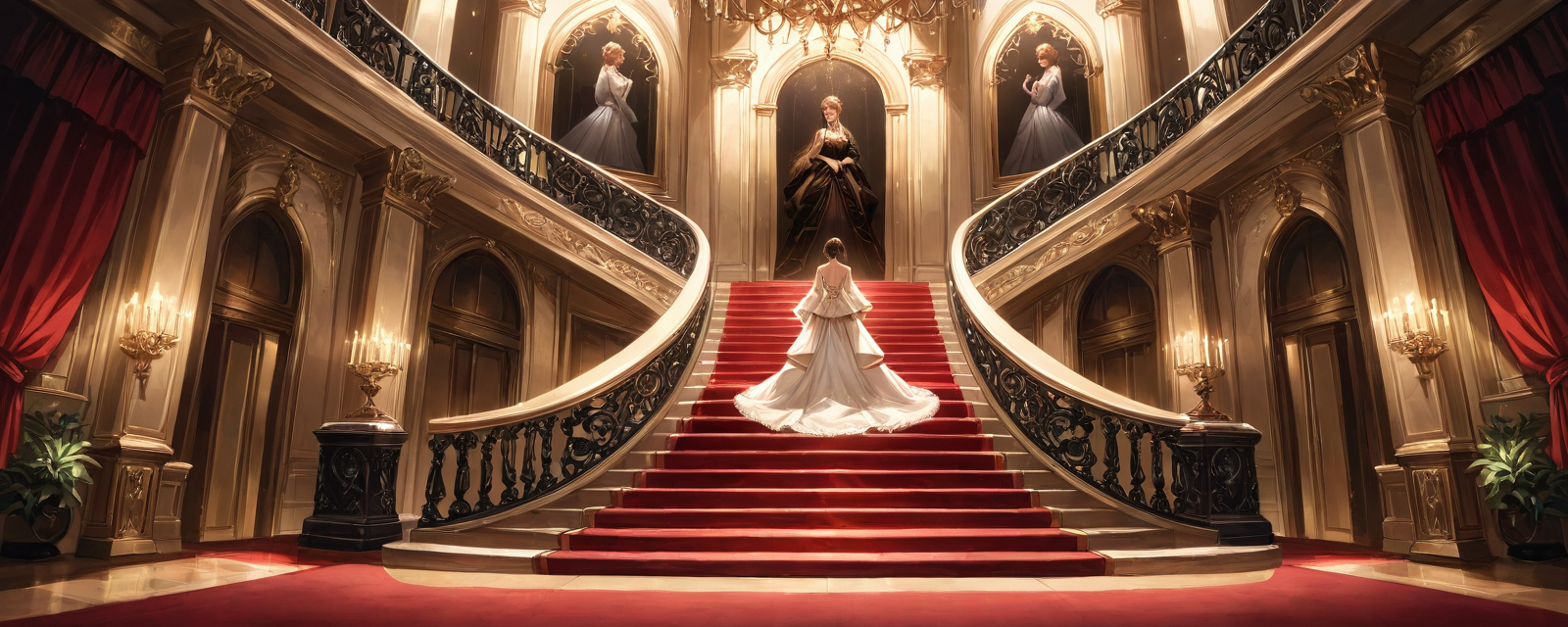 Scene: A grand staircase in a historic mansion with intricate architecture and o