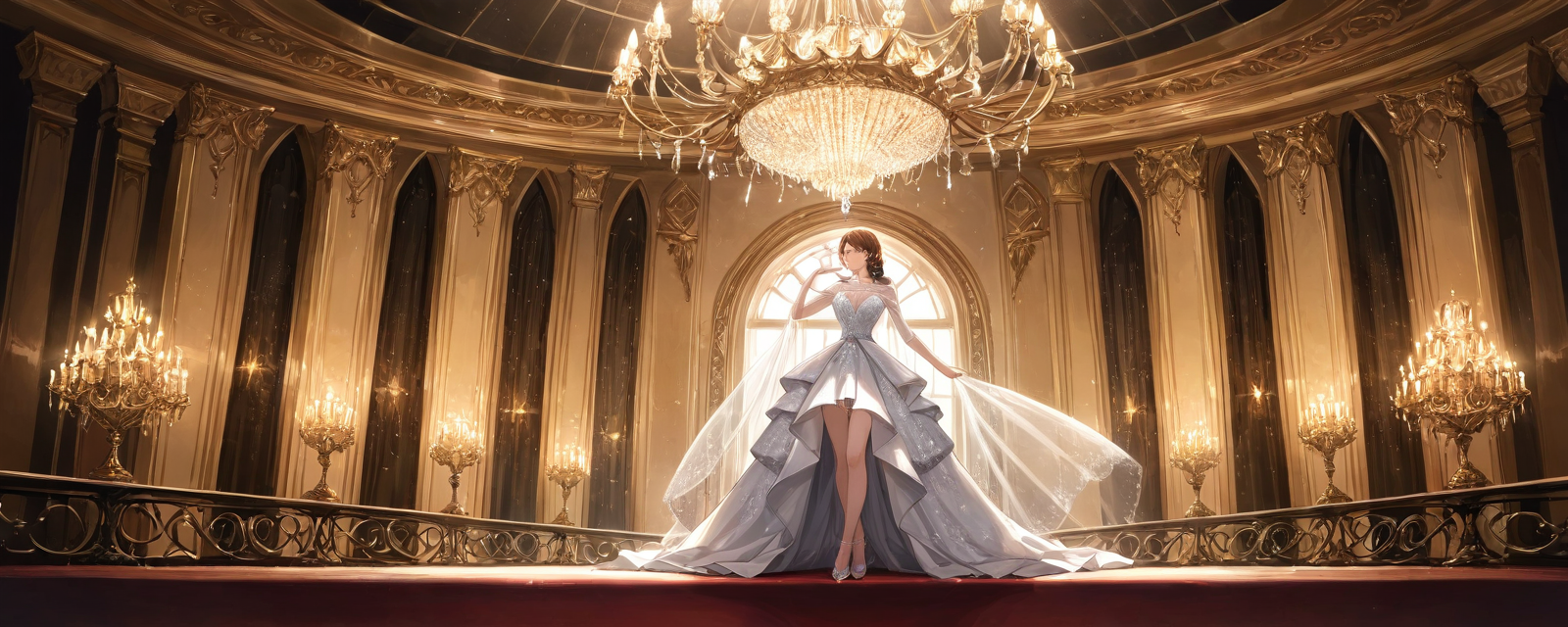 In a vintage-inspired, opulent ballroom, a woman in a regal, embellished gown st