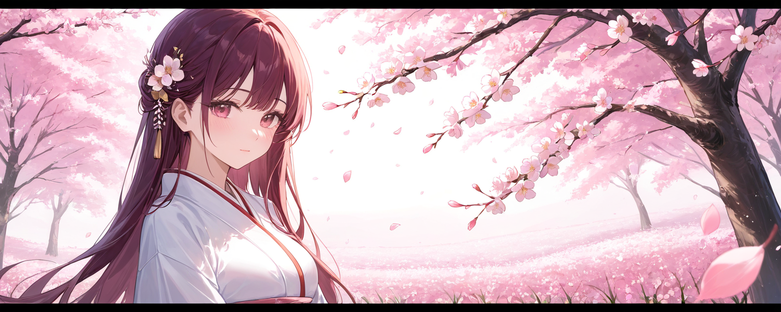 Amidst a field of blooming cherry blossoms, a woman in a delicate, flowing kimon