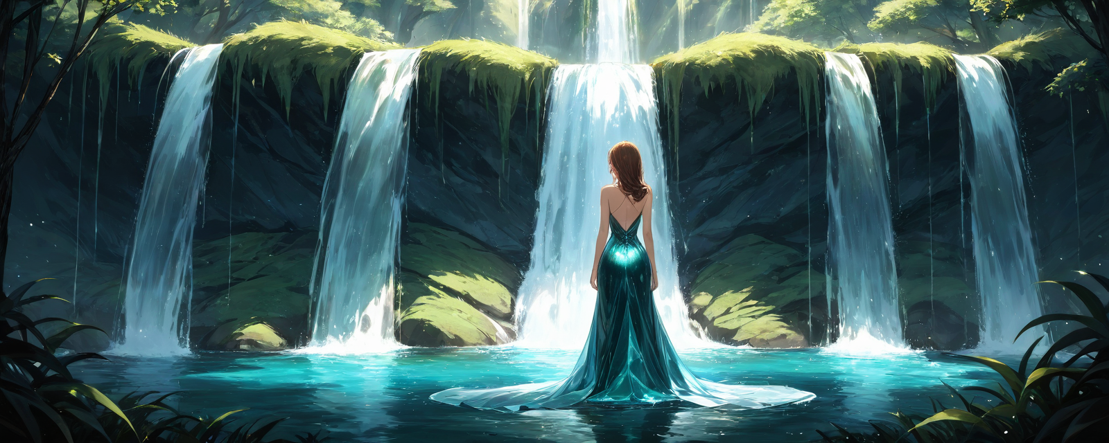 Set against a backdrop of cascading waterfalls, a female model in a sleek, metal