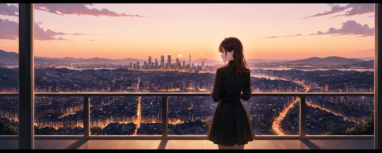 Scene: A rooftop garden overlooking a vibrant city skyline at sunset. Style: Urb