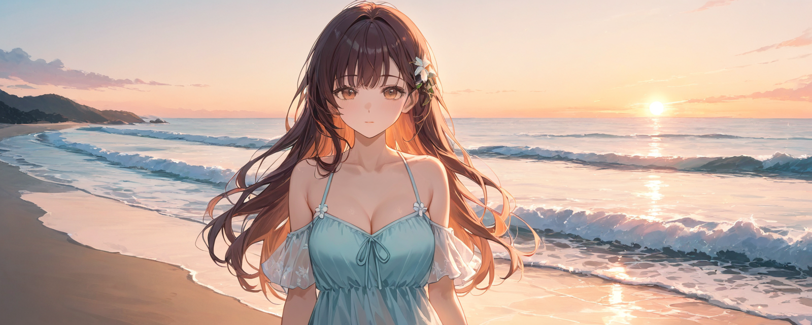 Scene: A serene beach at sunrise, with pastel skies and gentle waves. Style: Ser