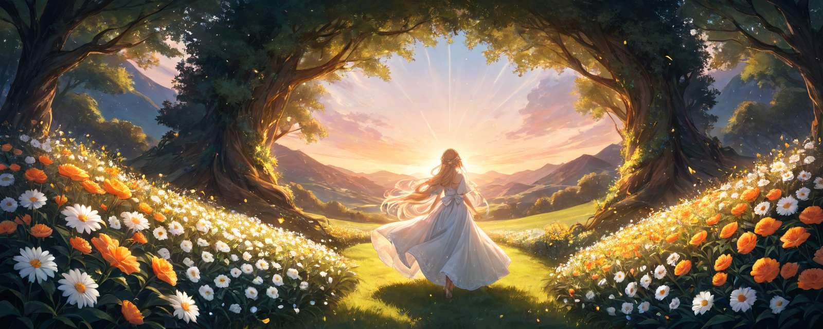 Scene: A lush garden at sunset, with blooming flowers and soft natural light. St