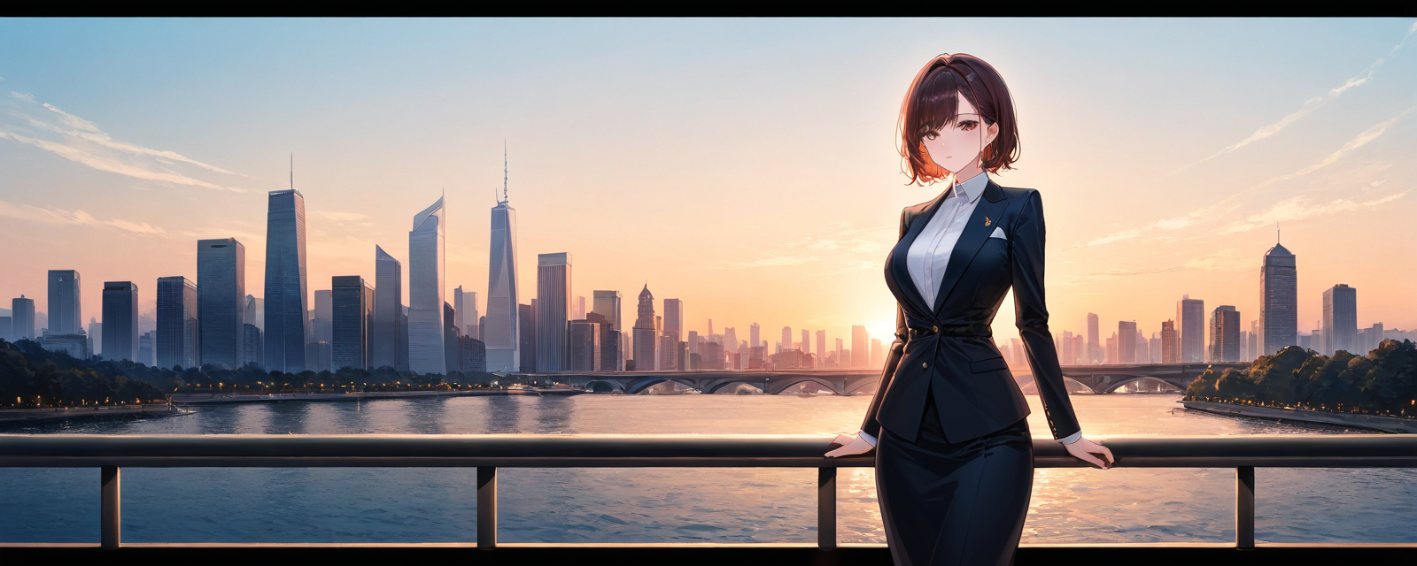 Against a backdrop of an urban skyline at twilight, a woman in a sleek, modern e